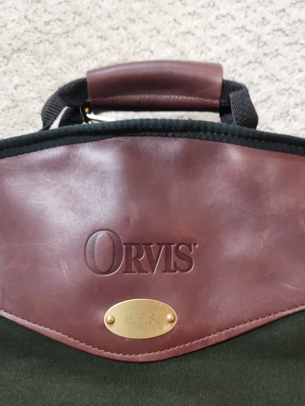 Orvis Dark Green Canvas Garment Bag with Brown Leather Accents